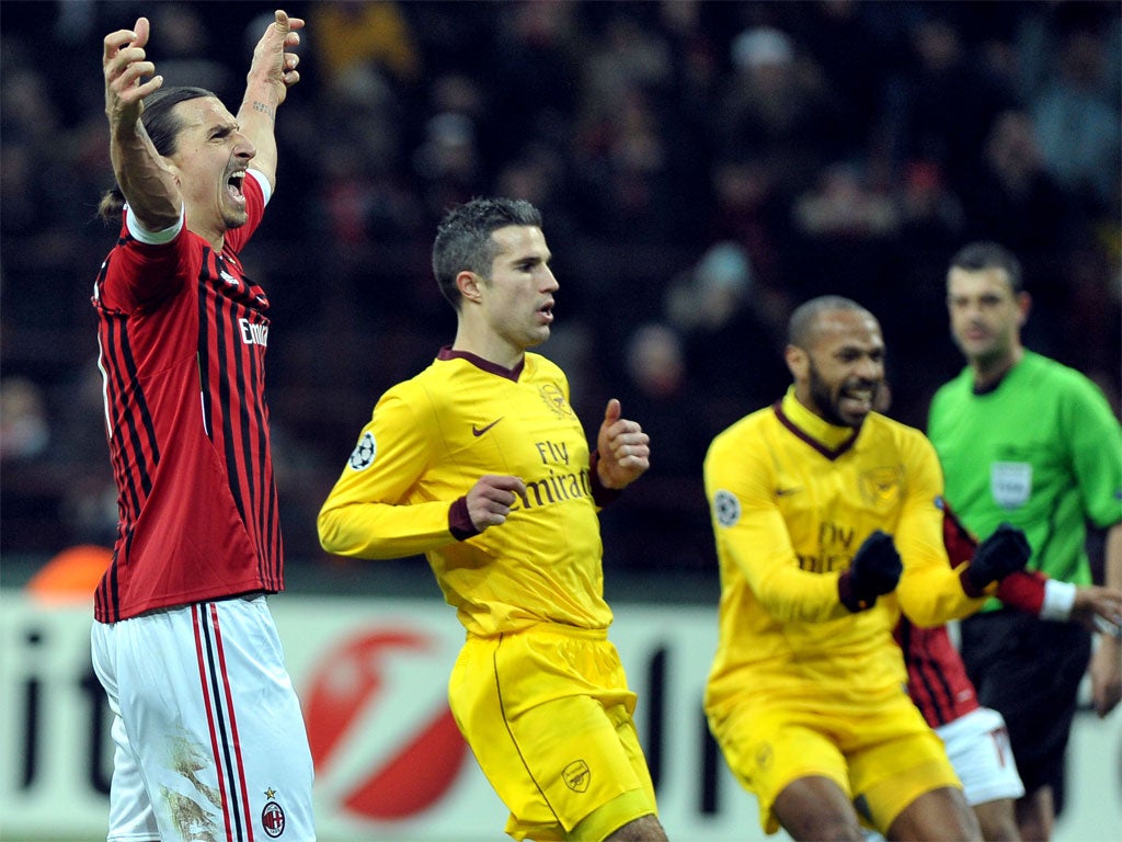 Milan's Zlatan Ibrahimovic celebrates his goal during last week's humiliation of Arsenal