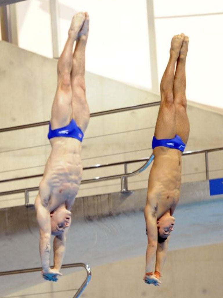 Tom Daley (right) and Peter Waterfield in action at the Aquatics Centre yesterday