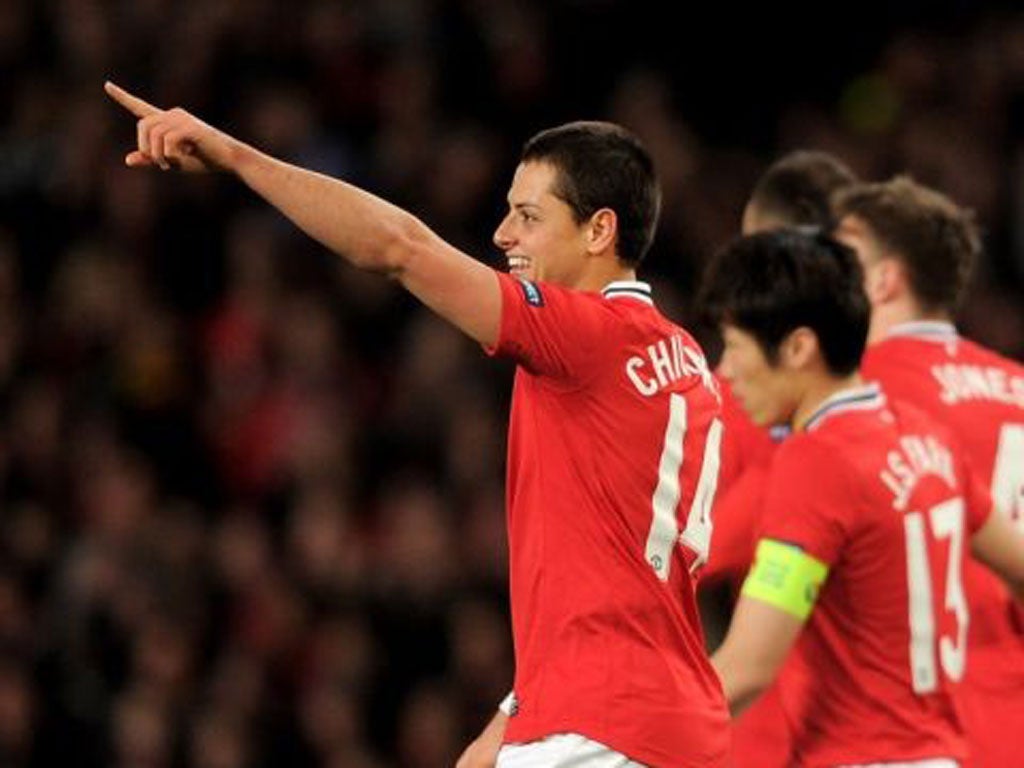 Javier Hernandez celebrates his goal against Ajax