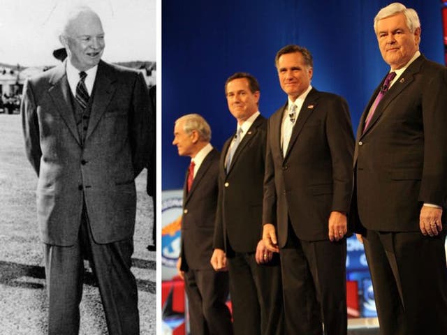 Dwight Eisenhower, left, and, from left to right, Ron Paul, Rick Santorum, Mitt Romney and Newt Gingrich