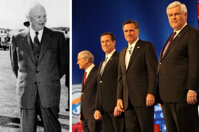 Dwight Eisenhower, left, and, from left to right, Ron Paul, Rick Santorum, Mitt Romney and Newt Gingrich