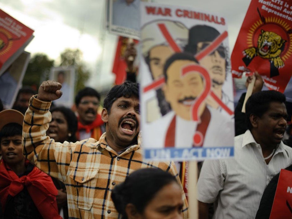 Tamil activists demonstrate outside the UN's Geneva headquarters last September
