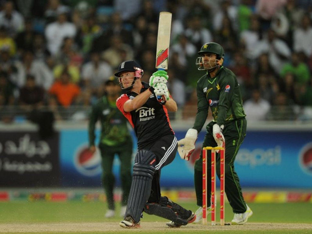 Match-winner Jonny Bairstow hits one of his two sixes on his way to a maiden England half-century
