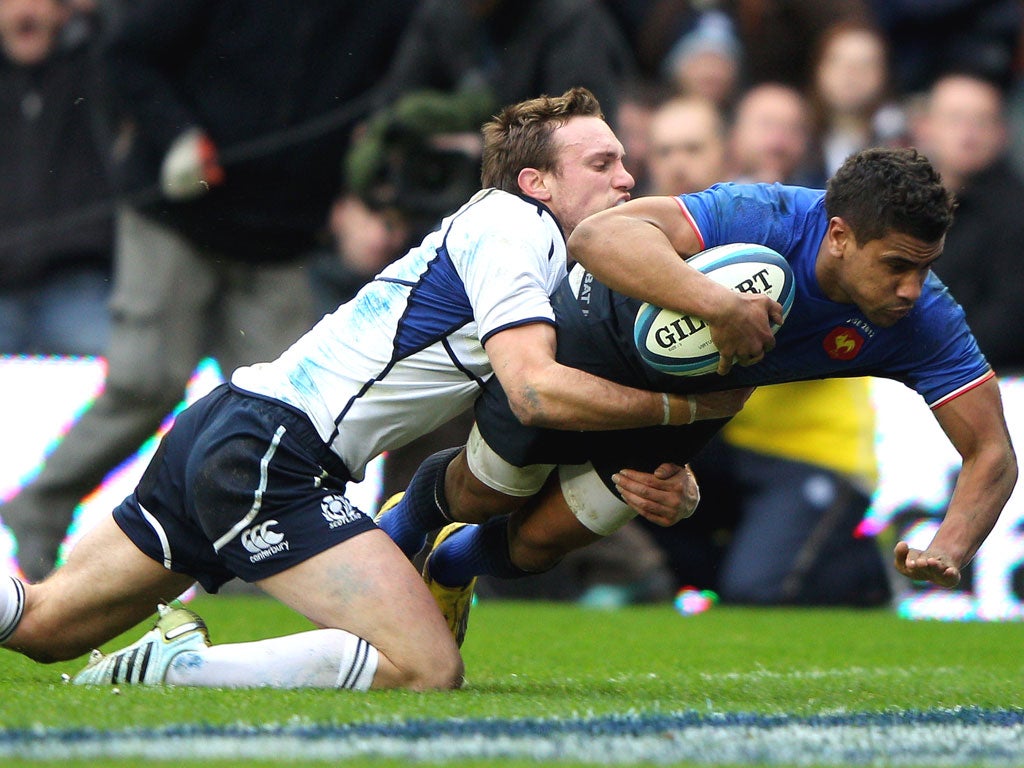 Wesley Fofana goes over to score France’s first try during the victory over Scotland