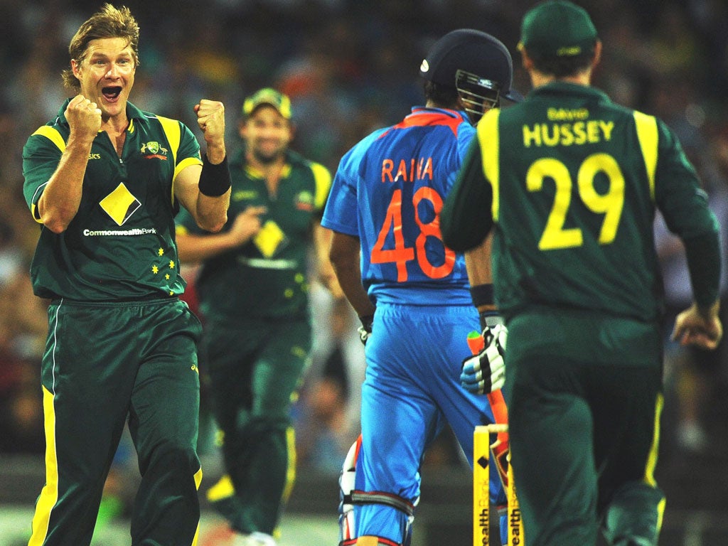 Shane Watson shows his delight after dismissing Suresh Raina