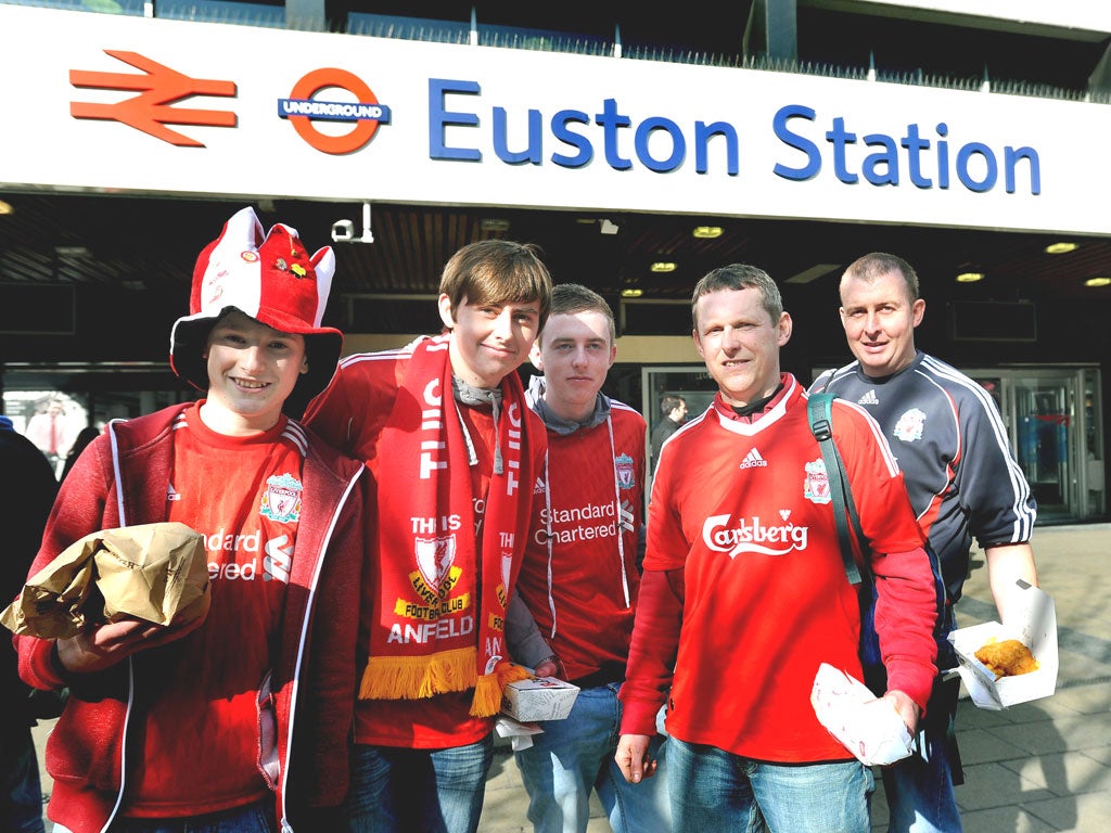 Liverpool fans at Euston after a delayed train journey