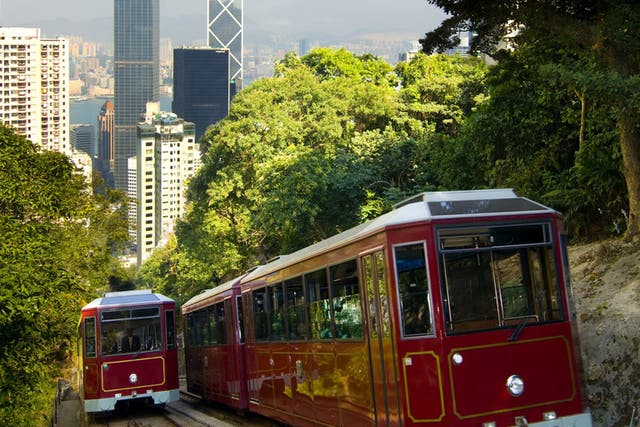 The Peak Tram wends its way up Hong Kong Island