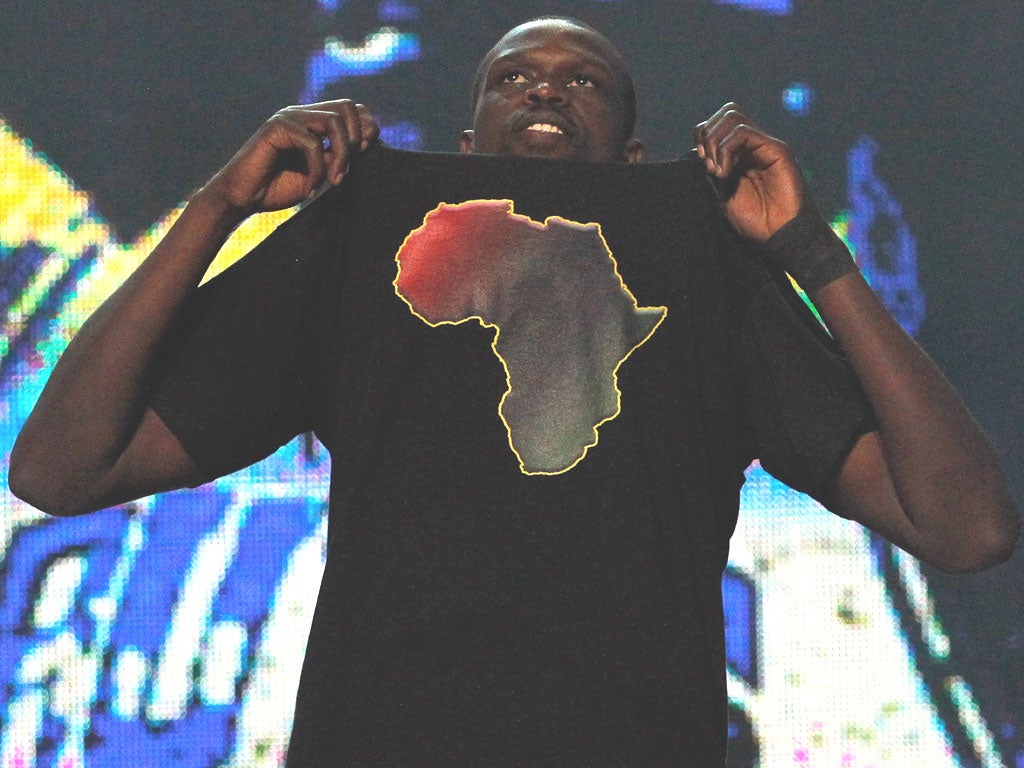 Luol Deng of the Chicago Bulls wears a t-shirt with the likeness of Africa during player introductions for the 2012 NBA All-Star Game