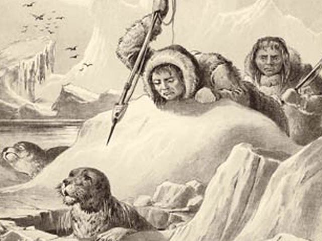 The Stone Age Europeans believed to have migrated to
North America along the edge of the then frozen northern Atlantic would have had to adopt a lifestyle similar to that of
traditional Eskimos depicted here in this 19thcentury print