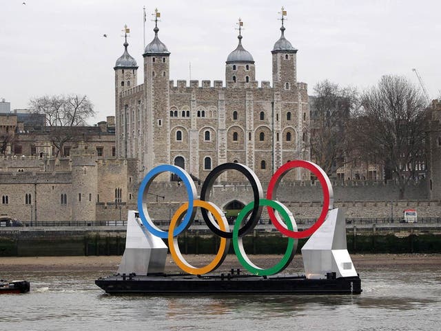 The Olympic rings displayed outside the Tower of London