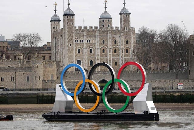 The Olympic rings displayed outside the Tower of London