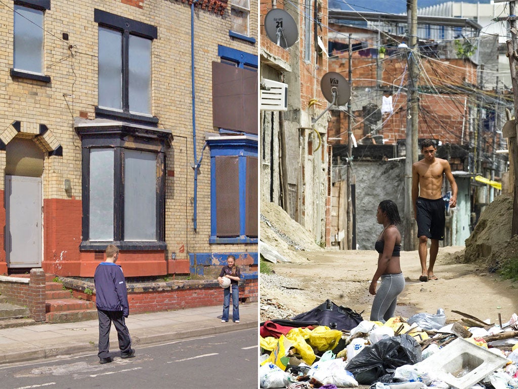 Left, boarded up houses in Liverpool. Right, a shantytown near Rio de Janeiro, Brazil