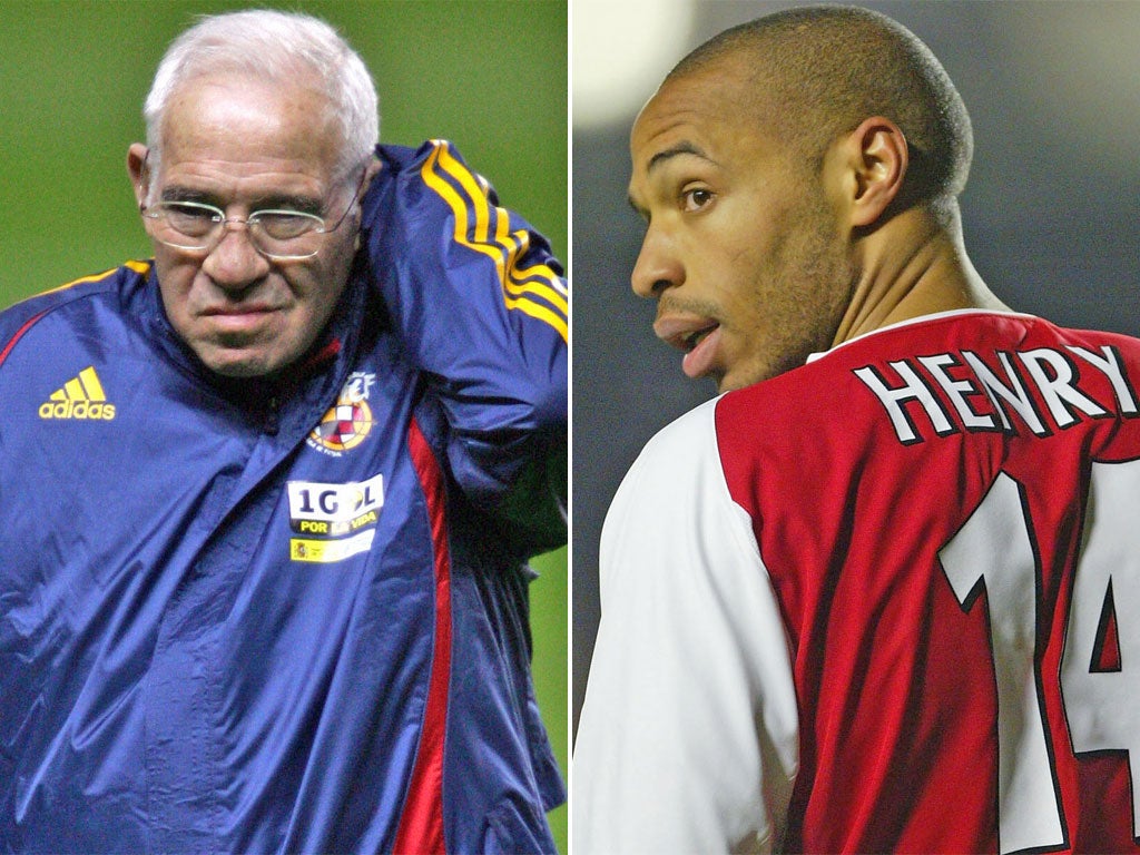 Former Spain coach Luis Aragones (left) made racist remarks about Thierry Henry to his former Arsenal team-mate, Jose Antonio Reyes