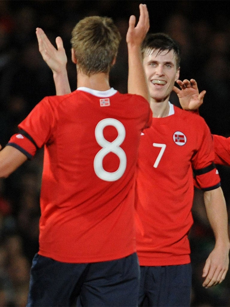 Norway's Havard Nordtveit (right) is congratulated after his goal