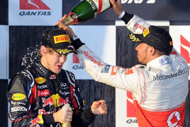 Vettel celebrates after winning at the Australian Grand Prix last year