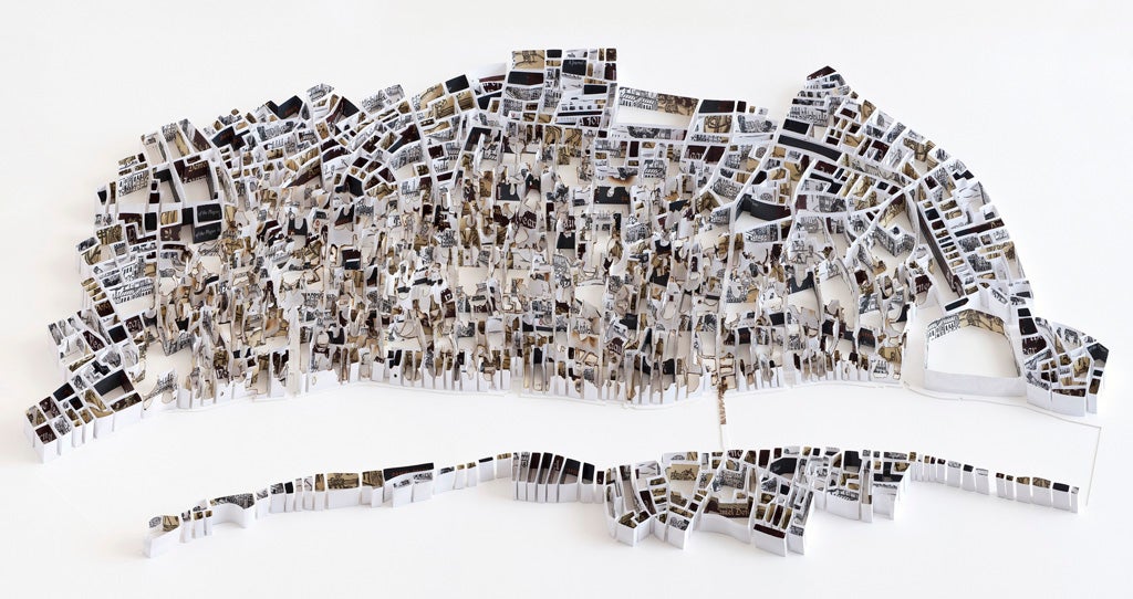 <p>London 1666, Burnt paper and mixed media, 107 x 178 x5cm</p>

<p>'London 1666' is made from the covers of the book 'A Journal of the Plague Year' by Daniel Defoe. The burnt area of the work corresponds to the area destroyed in the great fire including the half section of London Bridge and the old ruined shape of St. Pauls. The great fire effectively ended the plague and  the cover of the book depicts scenes from the plague by an unknown artist with images of skeletons and the dead being hauled off in carts.</p>