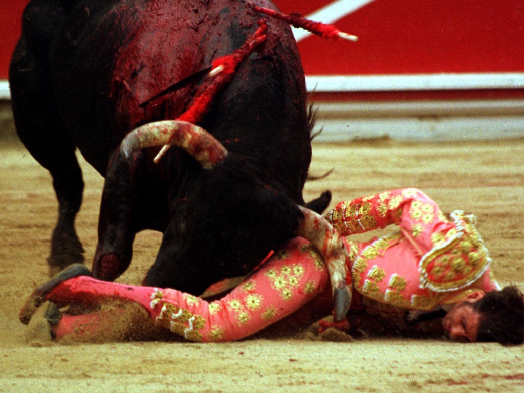 Spanish matador Juan José Padilla is mauled by a bull during the final bullfight in Pamplonain 2001. Padilla was gored in the neck