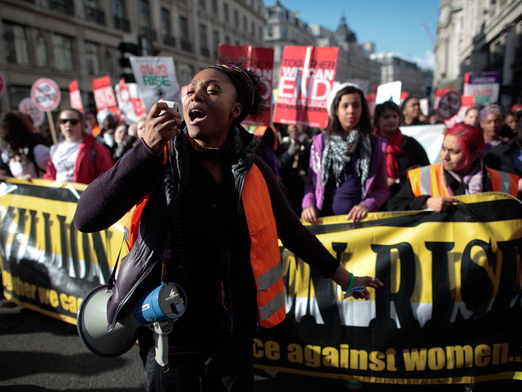 Demonstrators marched in London yesterday against male violence in the Million Women Rise protest
