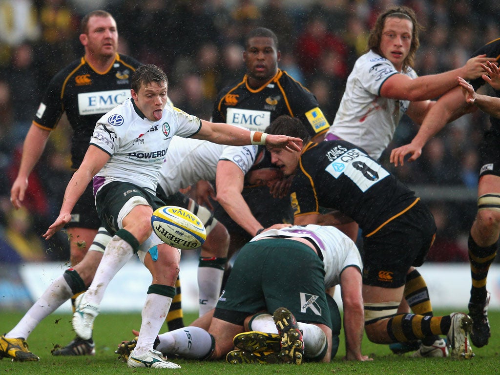 Ross Samson of London Irish clears from the base of a ruck during his team's defeat by Wasps