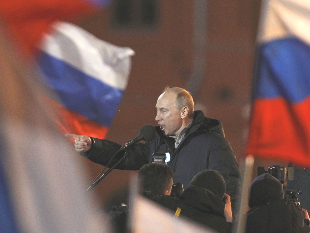 Wladimir Putin won Russia's presidential election and addresses supporters in Kremlin, Moscow