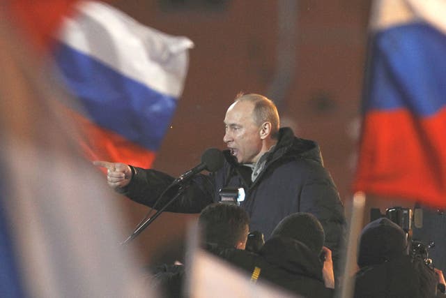 Wladimir Putin won Russia's presidential election and addresses supporters in Kremlin, Moscow