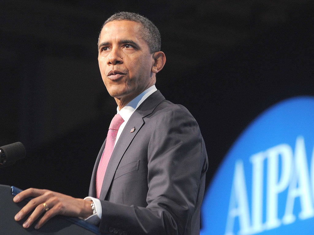 Barack Obama addresses the American
Israel Public Affairs Committee at the
Washington Convention Centre