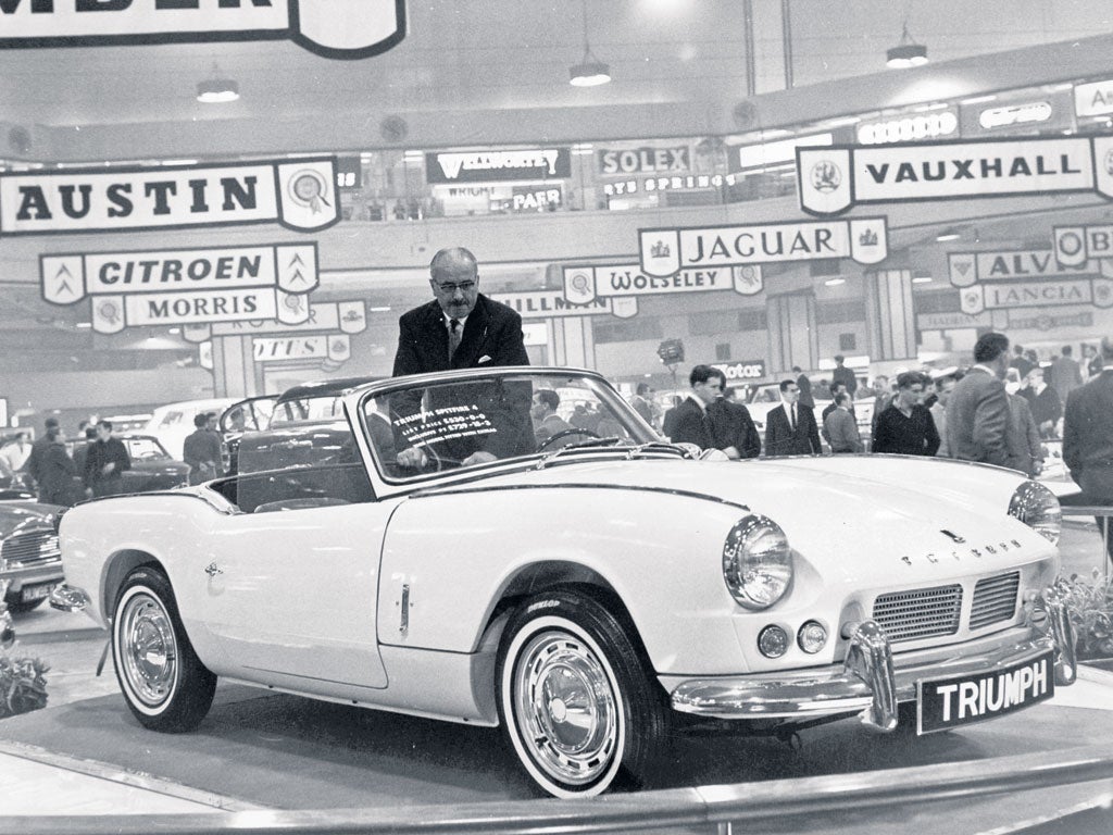 The launch of the Standard-Triumph Spitfire at the 1962 Earls Court Motor Show; it came to epitomise cool Sixties decadence