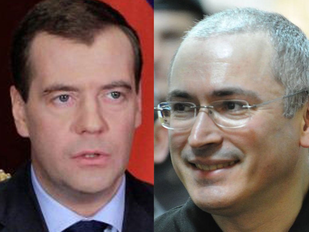 President Dmitry Medvedev (left) will reopen case of former oil tycoon, Mikhail Khodorkovsky
