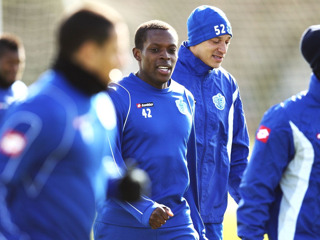 Nedum Onuoha and Bobby Zamora during a Queens Park Rangers training session at Harlington Sports Centre