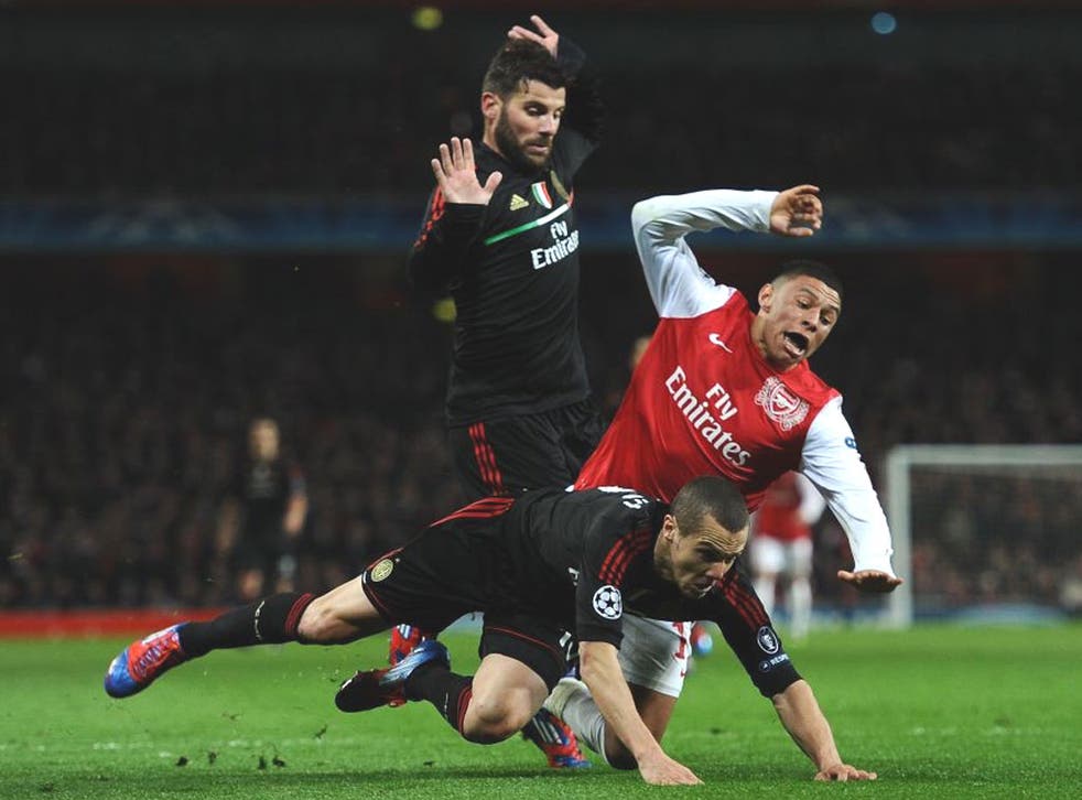 Alex Oxlade-Chamberlain is brought down last night to earn Arsenal a penalty