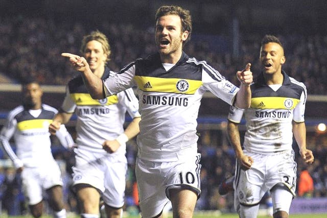 Chelsea’s Juan Mata celebrates after scoring during the FA Cup fifth
round win over Birmingham