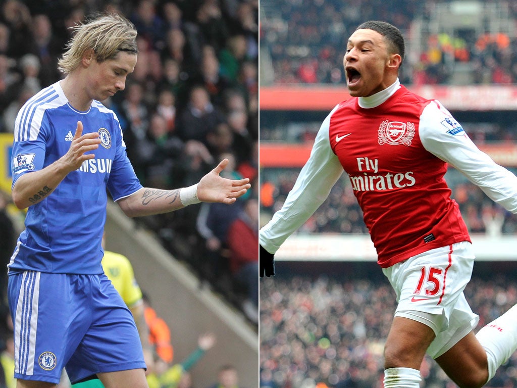 The contrasting fortunes of Chelsea striker Fernando Torres
and Arsenal’s precocious talent Alex Oxlade-Chamberlain
speak volumes