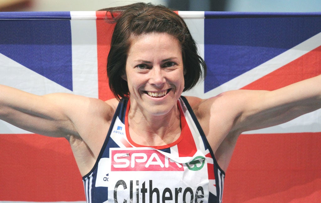 Helen Clitheroe celebrates her win in the 3,000m at the
2011 European Indoors