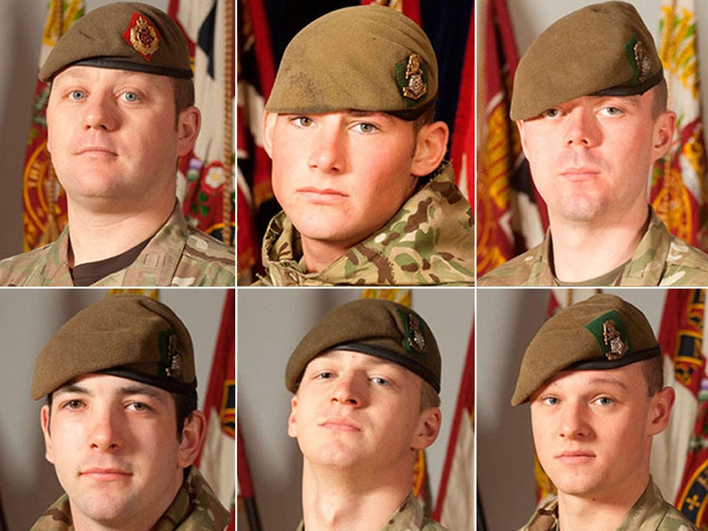 (Top row left to right) Sergeant Nigel Coupe, Corporal Jake Hartley and Private Anthony Frampton, with (bottom row left to right) Private Christopher Kershaw, Private Daniel Wade and Private Daniel Wilford, the six soldiers who were killed in a bomb blast in Afghanistan on Tuesday