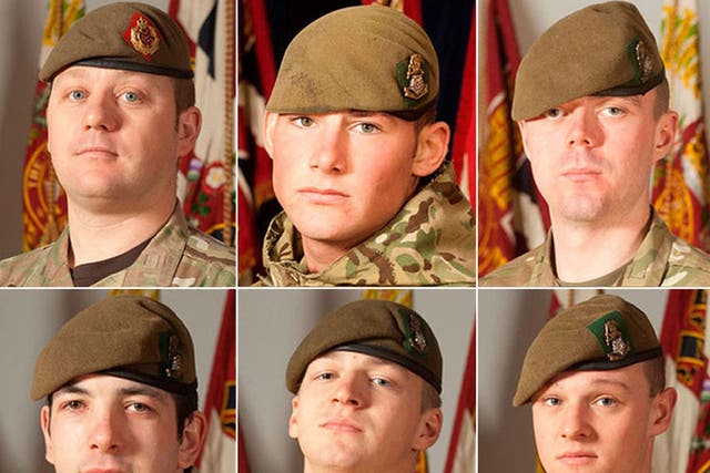 (Top row left to right) Sergeant Nigel Coupe, Corporal Jake Hartley and Private Anthony Frampton, with (bottom row left to right) Private Christopher Kershaw, Private Daniel Wade and Private Daniel Wilford, the six soldiers who were killed in a bomb blast in Afghanistan on Tuesday