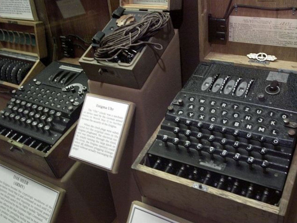 A four-rotor Enigma machine once used by the crews of German U-boats in World War II to send coded messages, which British World War II code-breaker mathematician Alan Turing, was instrumental in breaking