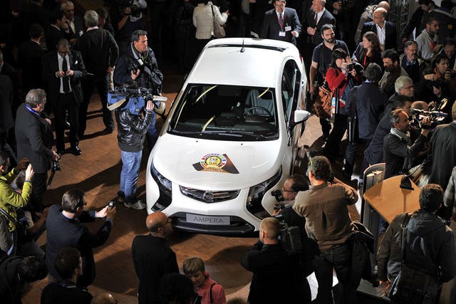 An Opel Ampera on display at the Geneva Motor Show