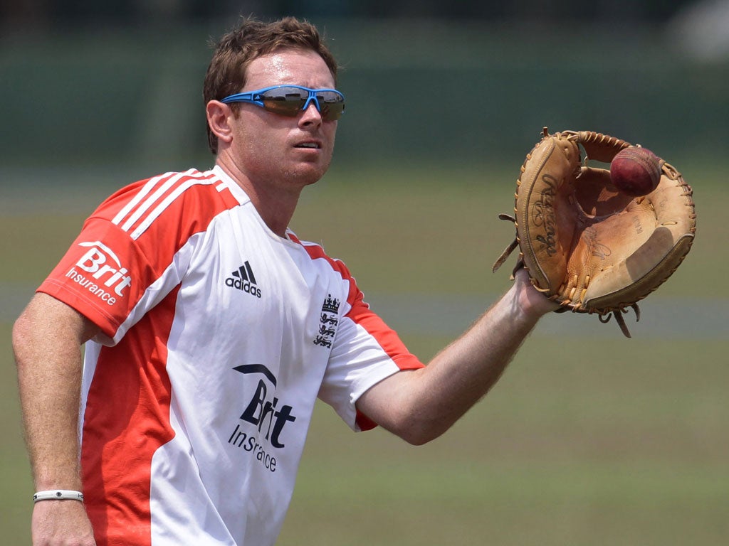 A spot of catching practice for Ian Bell in Colombo yesterday