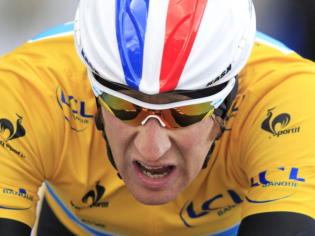 He is still in the yellow jersey but Bradley Wiggins's face shows he found the going tough during yesterday’s fifth stage of the Paris-Nice race