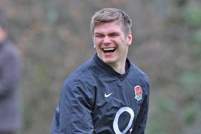 England No 10 Owen Farrell sees the funny side during training yesterday