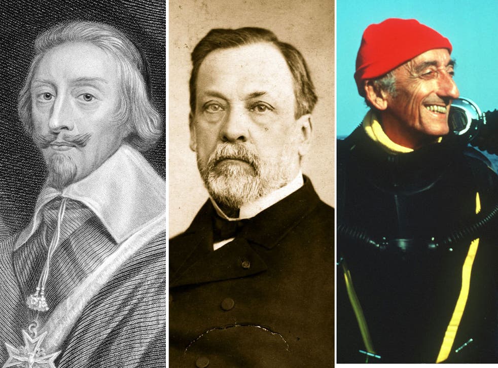 Cardinal Richelieu, left, started the Académie Française in 1635, which has since included the scientist Louis Pasteur, centre, and the ocean explorer Jacques Cousteau, right, as members