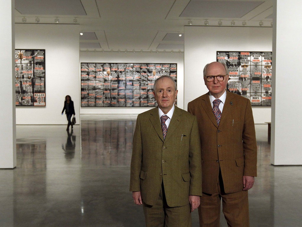 Artists Gilbert & George who are against gay marriage in churches