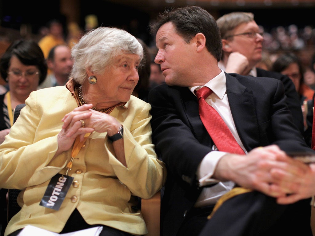 Liberal Democrat peer Shirley Williams and deputy Prime Minister and leader of the Liberal Democrats, Nick Clegg, ahead of today's vote on the NHS reform bill