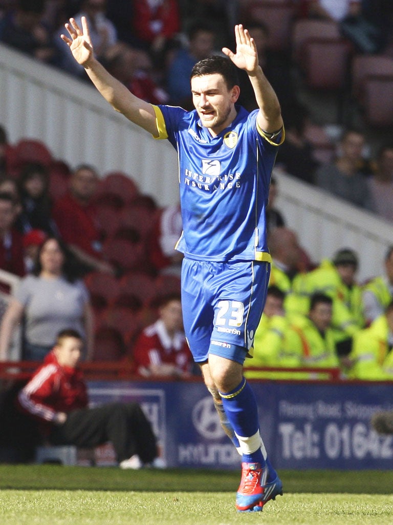 Leeds’ Robert Snodgrass celebrates after scoring yesterday