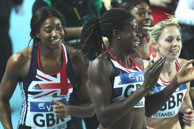 Christine Ohuruogu leads Shana Cox, Perri Shakes-
Drayton and Nicola Sanders in celebration after their
4x400m gold