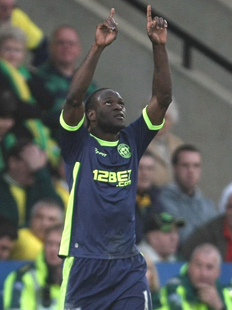 Victor Moses gives thanks after scoring Wigan’s equaliser yesterday