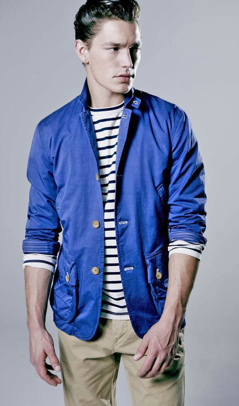 Blue jacket £195; Breton top £45; chinos £89