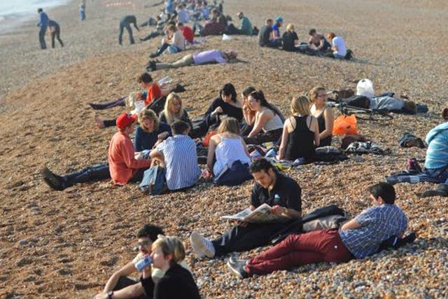 Britons were out in force yesterday at places such as Brighton beach to enjoy warm weather conditions that matched those in Tunisia