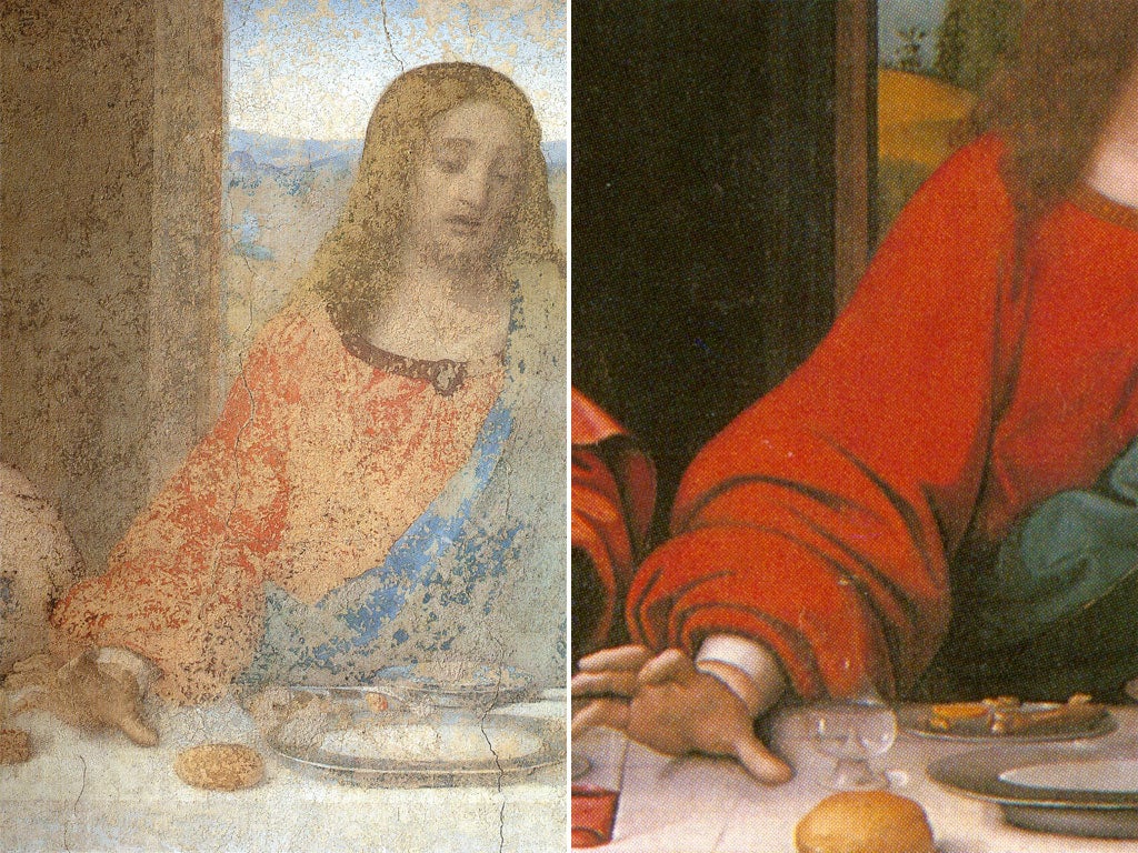 The draped sleeve on Christ's right hand has been reshaped, so that it rests on the top of the table (left). A copy by Leonardo's pupil Giampietrino (right) shows the sleeve behind the table