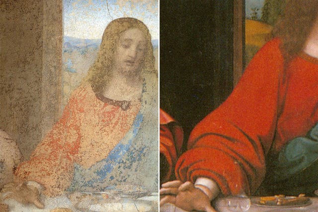The draped sleeve on Christ's right hand has been reshaped, so that it rests on the top of the table (left). A copy by Leonardo's pupil Giampietrino (right) shows the sleeve behind the table
